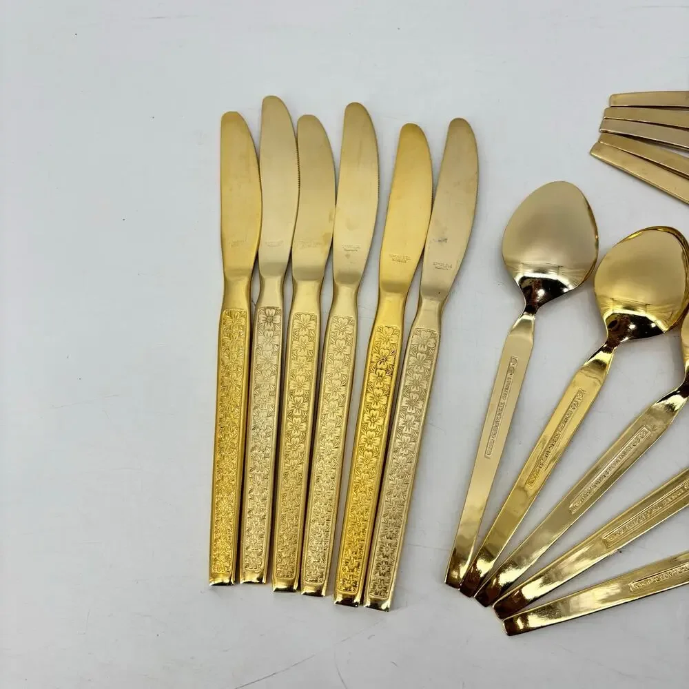 Vtg Thocadero Hollywood Gold Spoons Fork Dinner Knives Korea Stainless